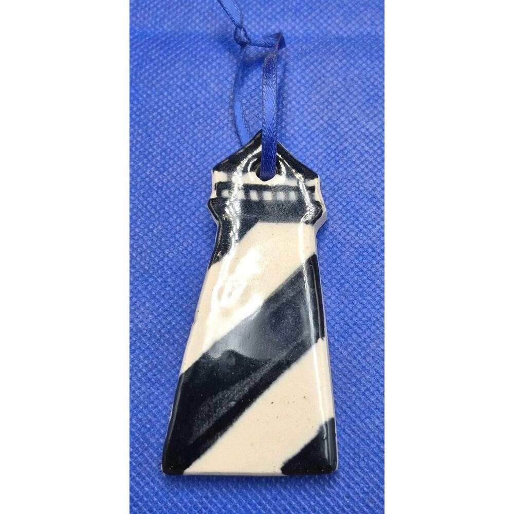 Vintage Handcrafted Glazed Ceramic Lighthouse Ornament Black White Signed 3.25"